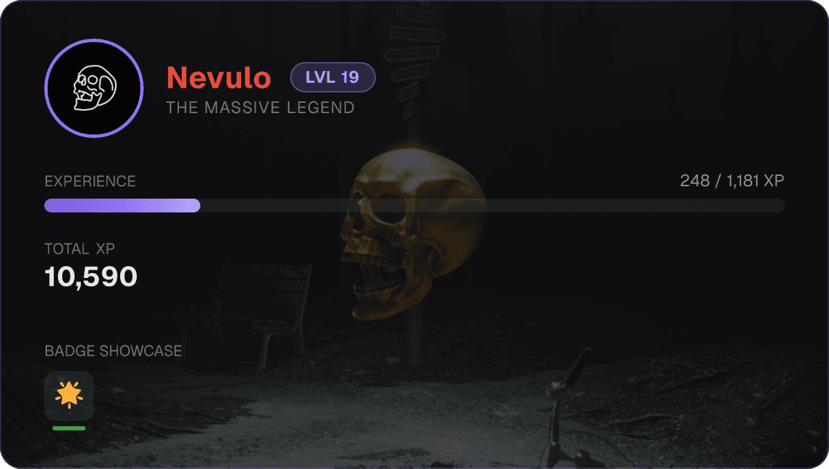 Nevi profile card showing level, XP, badges, and stats
